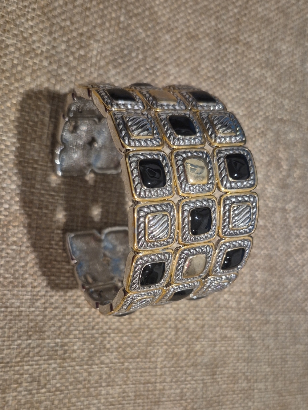Two-Tone Silver & Gold Cuff Bracelet with Black Accent Stones